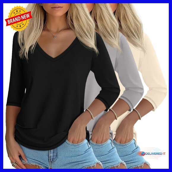 3 Pack Women's 3/4 Sleeve V-Neck Tops Loose Fit Casual Tees